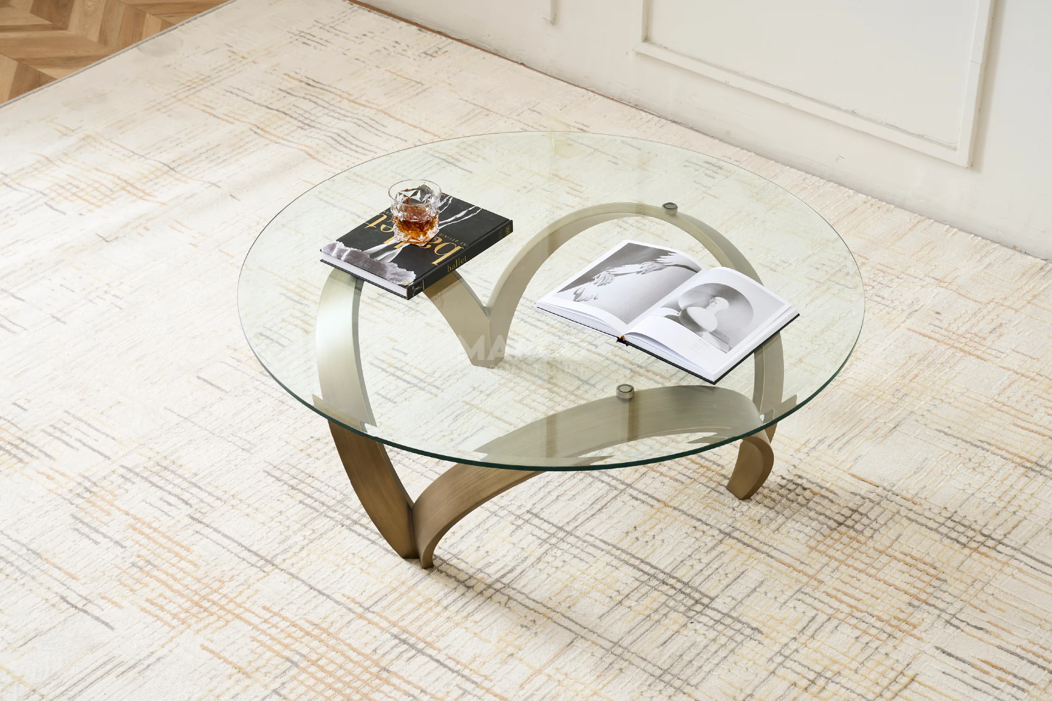 Alberta Glass Top Coffee Table with Golden Metal Base - Image 2