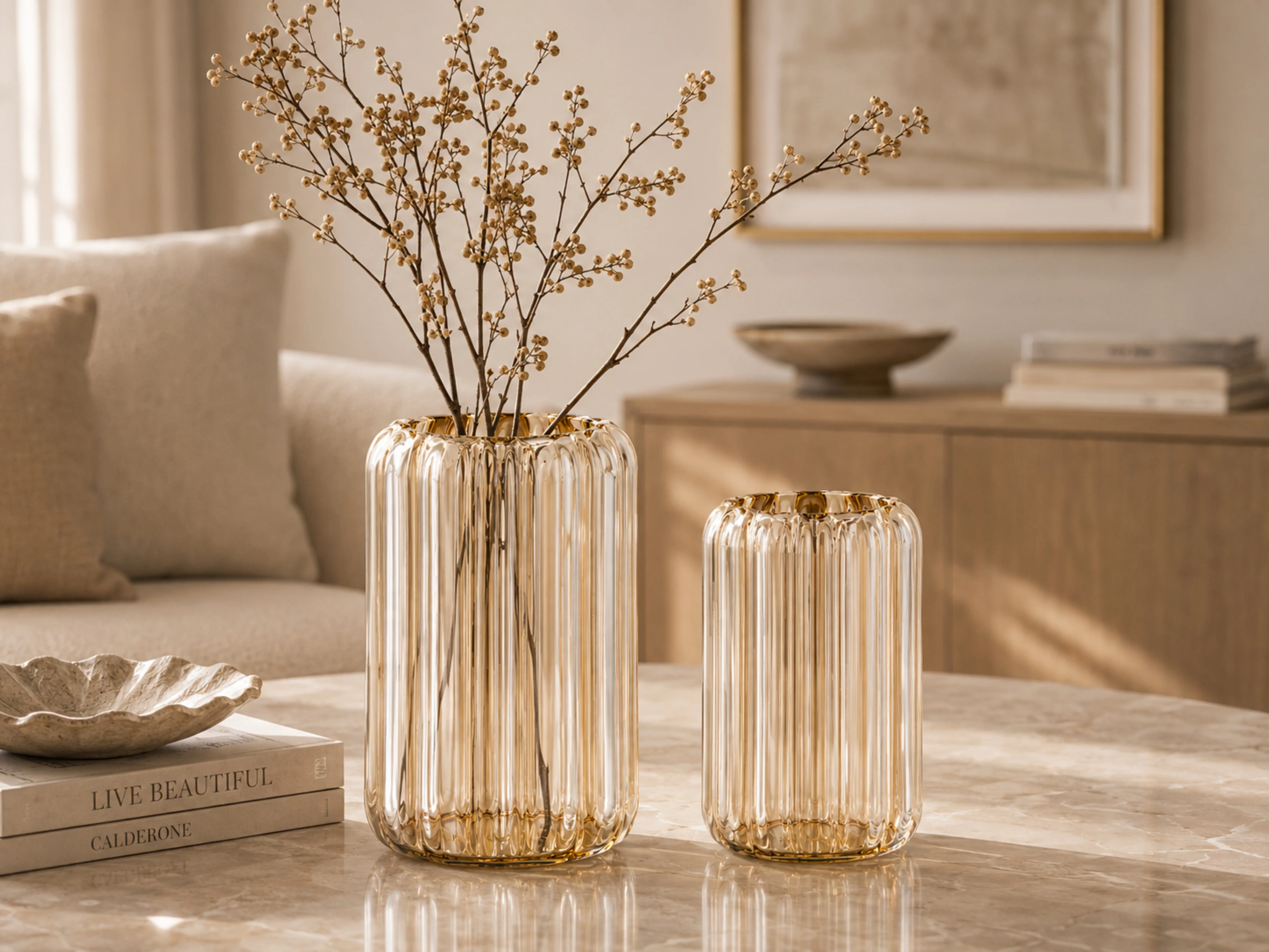Aurelia Ribbed Glass Vase - Amber Fluted Decorative Vase (Set of 2)