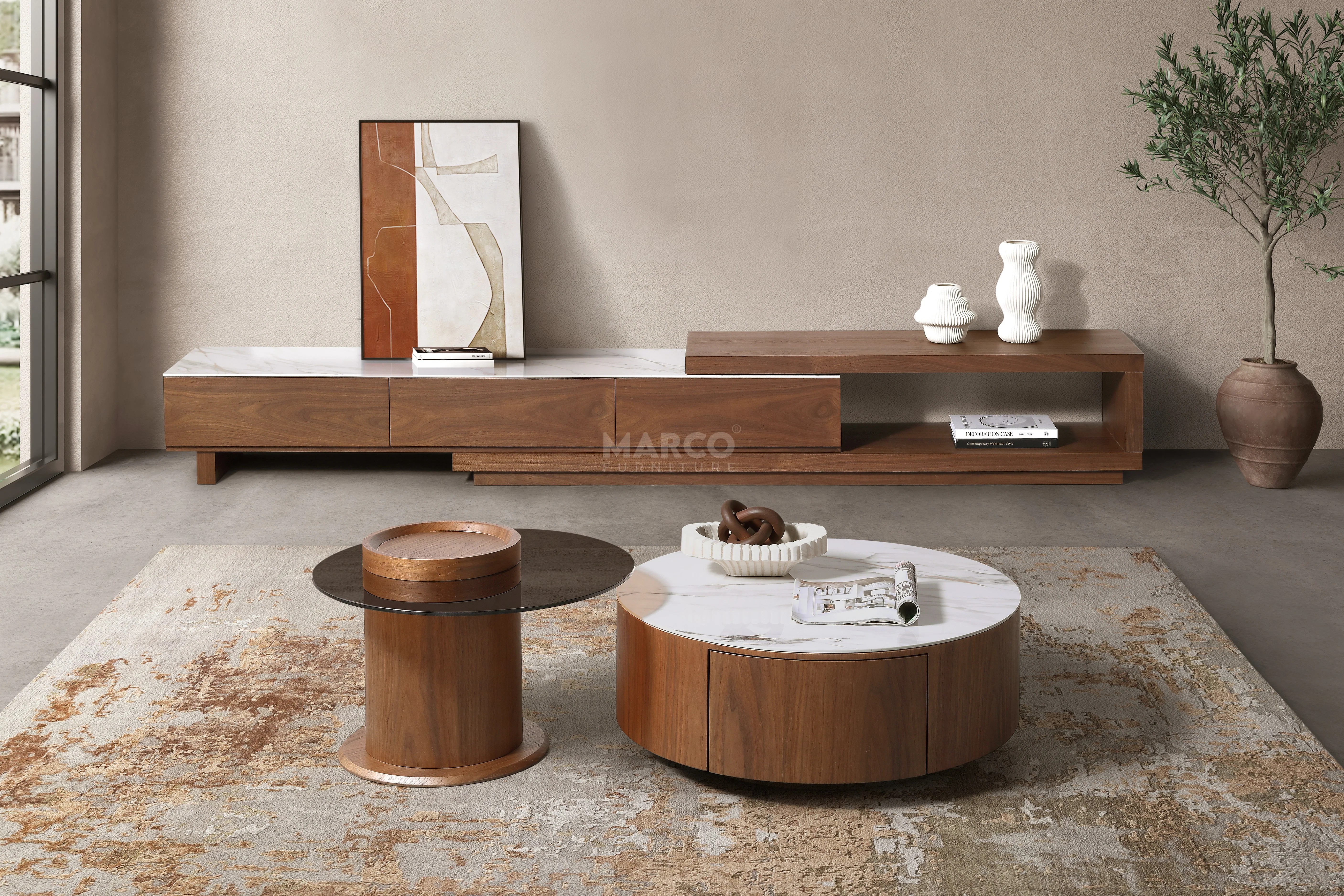 Bahamas Walnut & White Sintered Stone Extendable TV Unit - Image 5