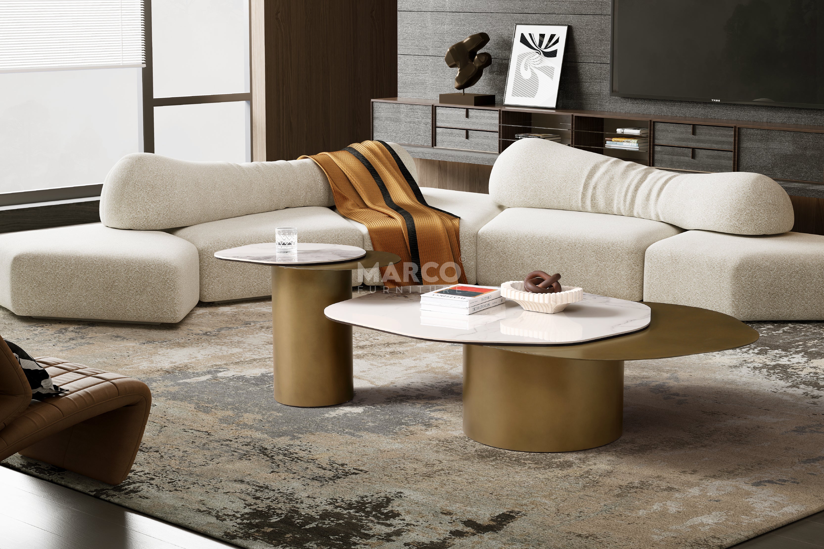 Capri Chanel Sintered Stone Modern Coffee Table - Gold Cylindrical Base - Image 5