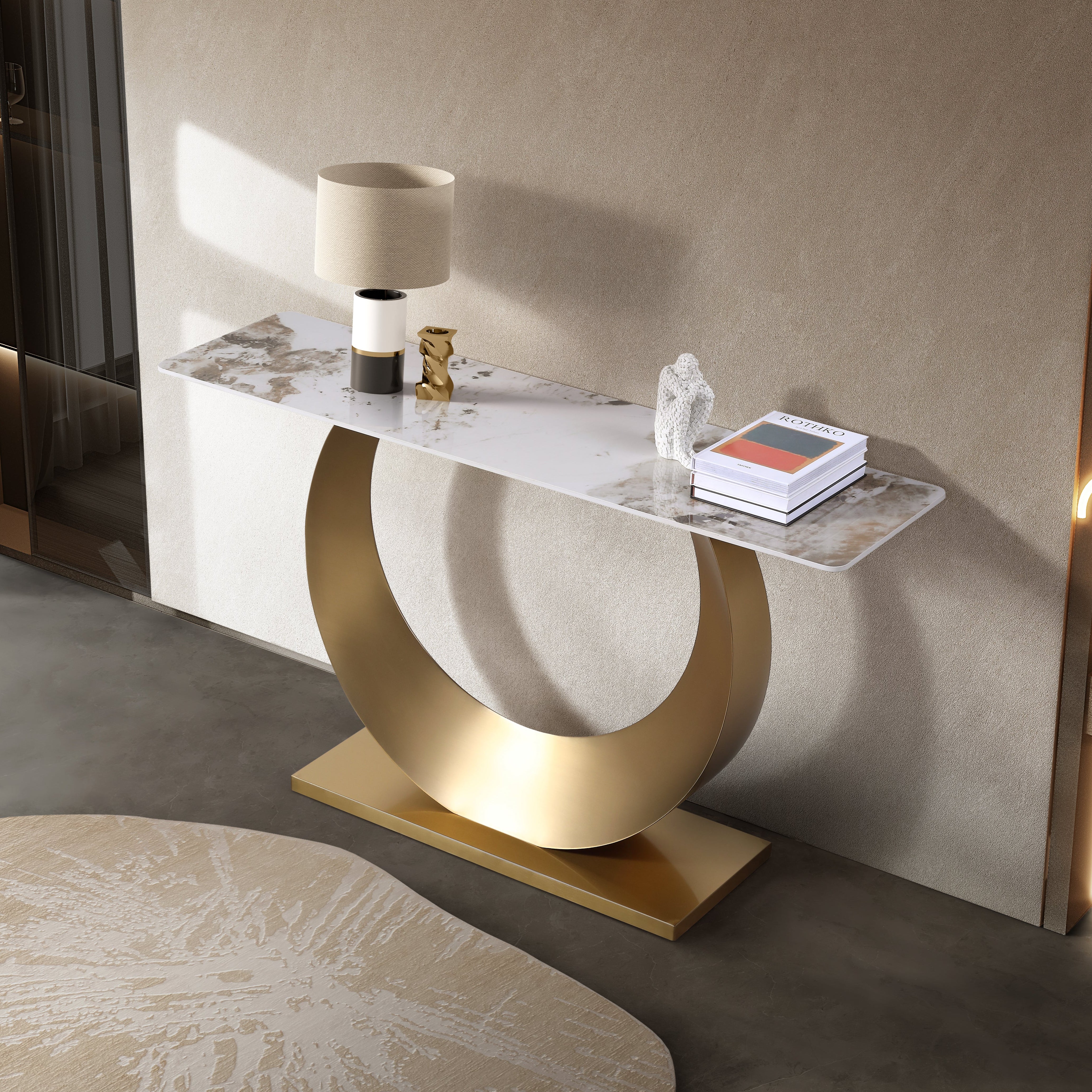 Moon Sintered Stone Top Console Table with Gold Base