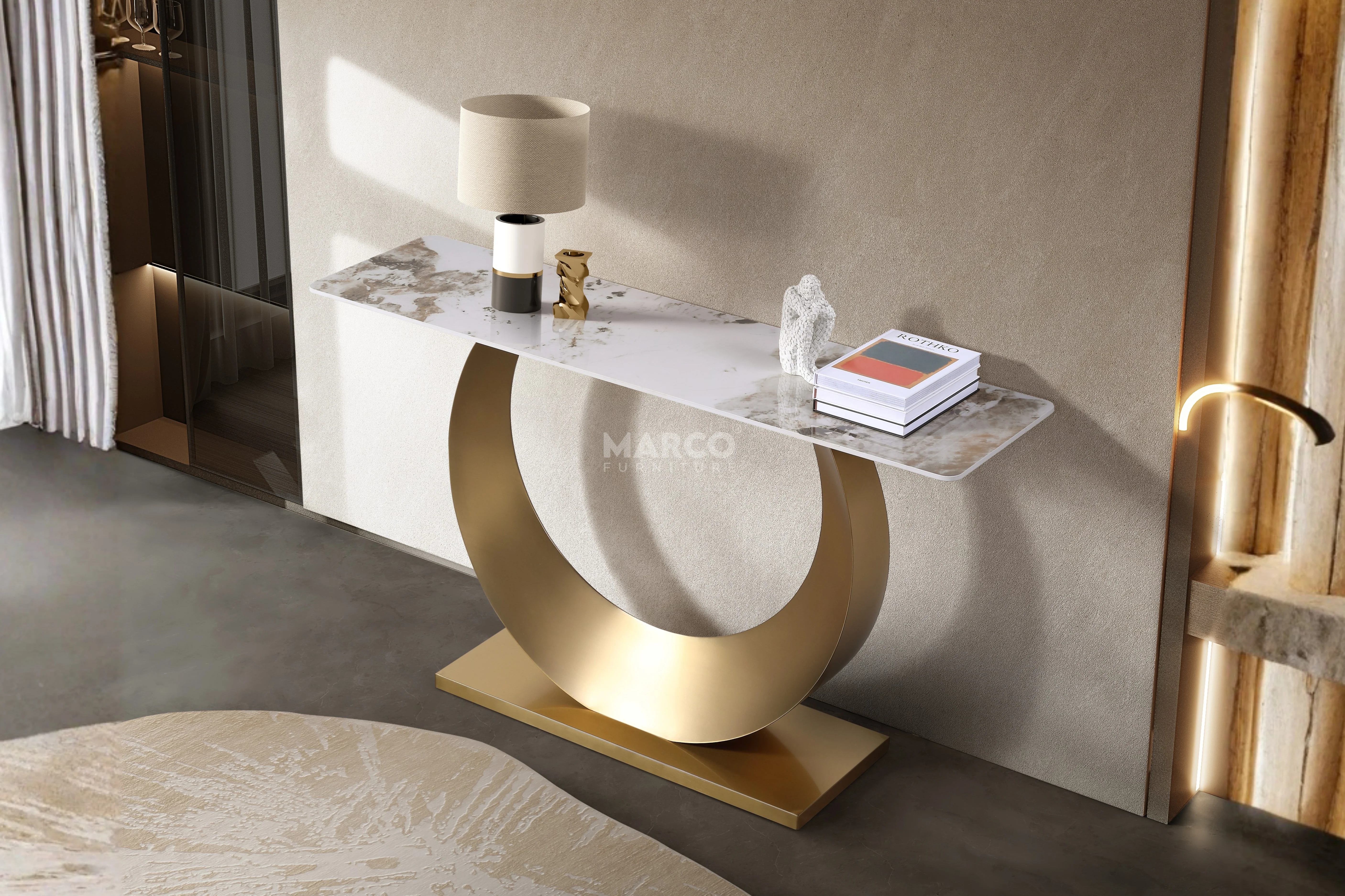 Moon Sintered Stone Top Console Table with Gold Base - Image 4