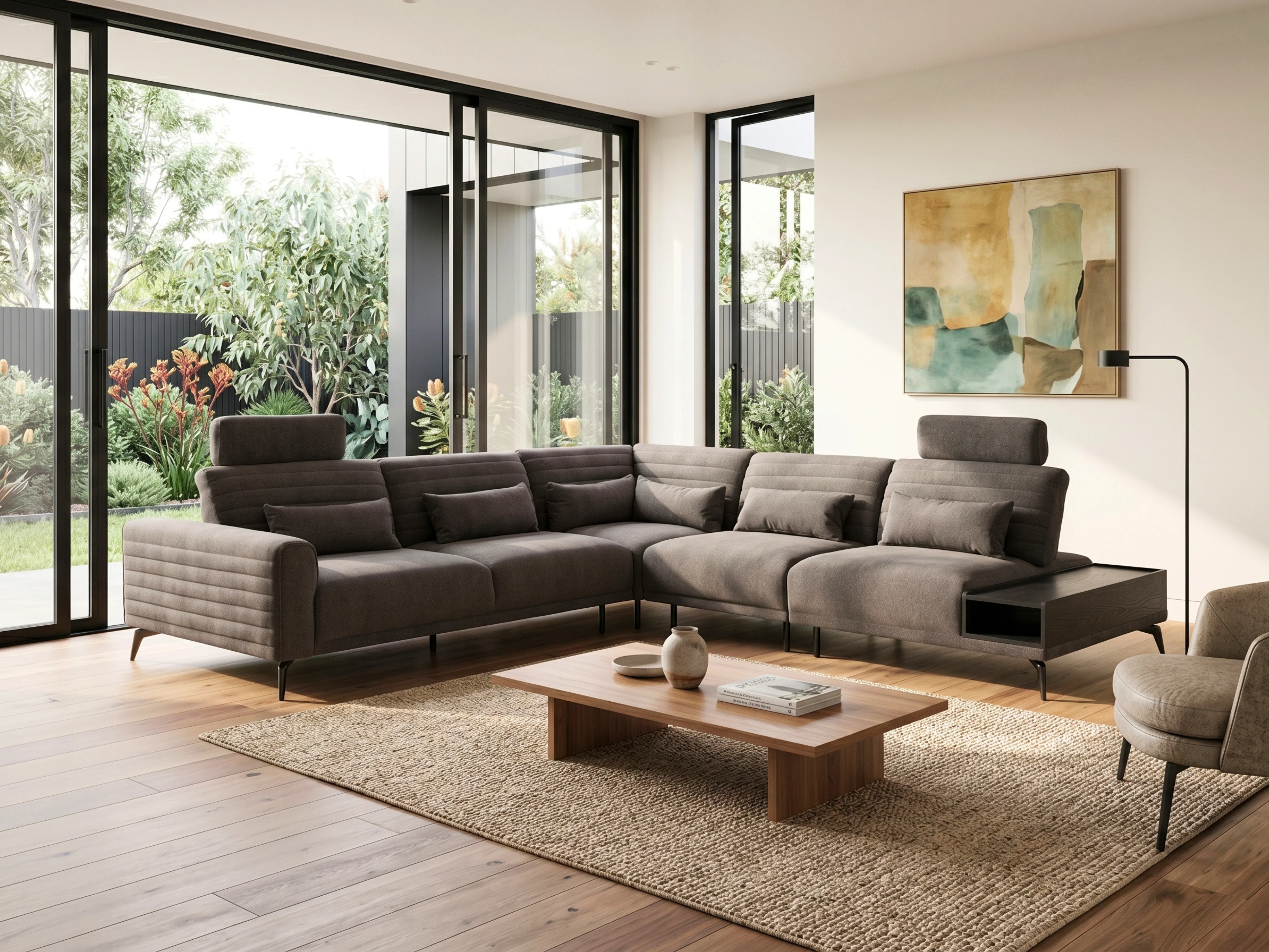 Glamour Upholstered Fabric Sectional Lounge ā Modern L-Shape Sofa with Headrests - Image 4