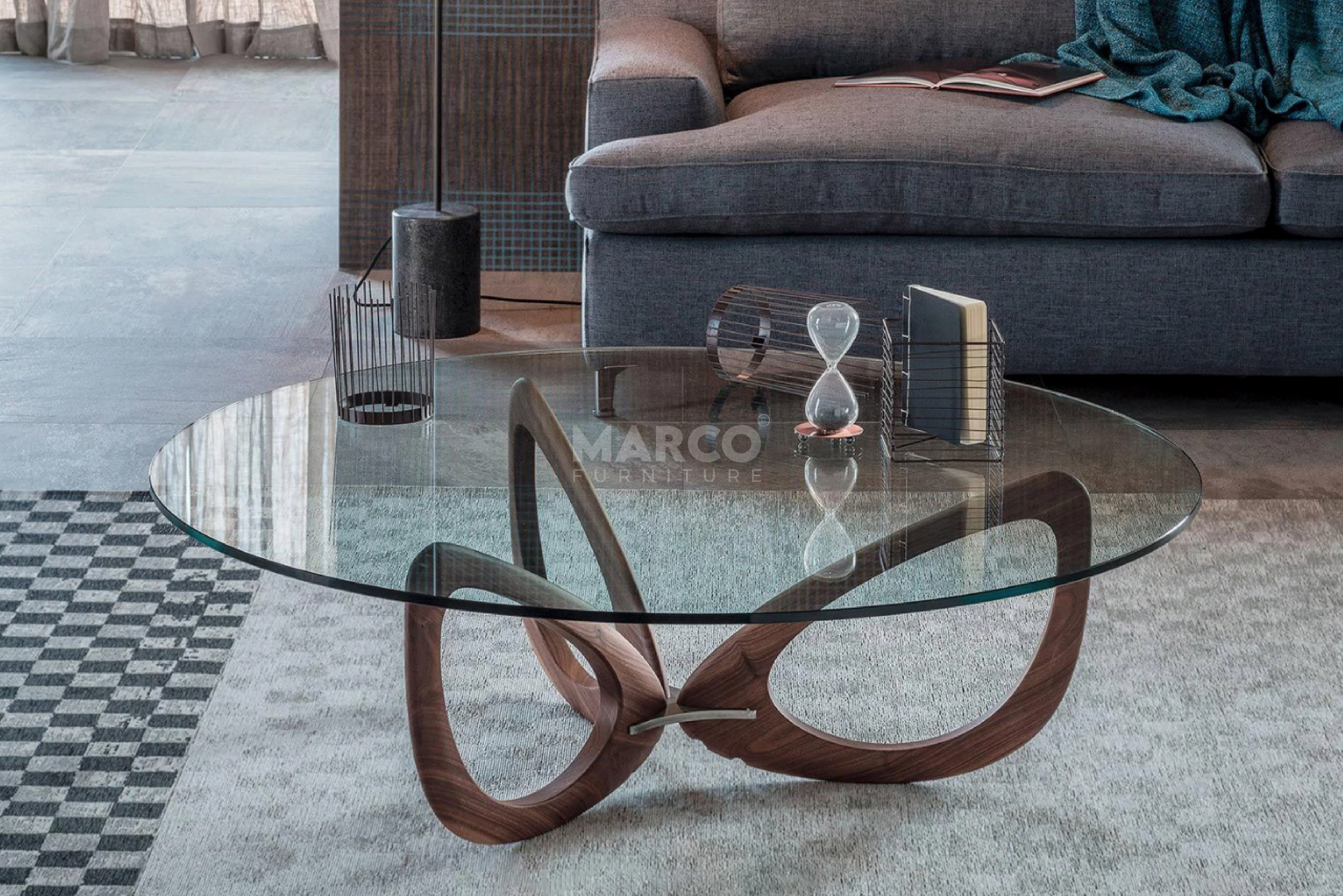 Gucci Modern Glass Coffee Table (Walnut) with Tempered Glass Top and Solid Ash Wood Base - Image 4