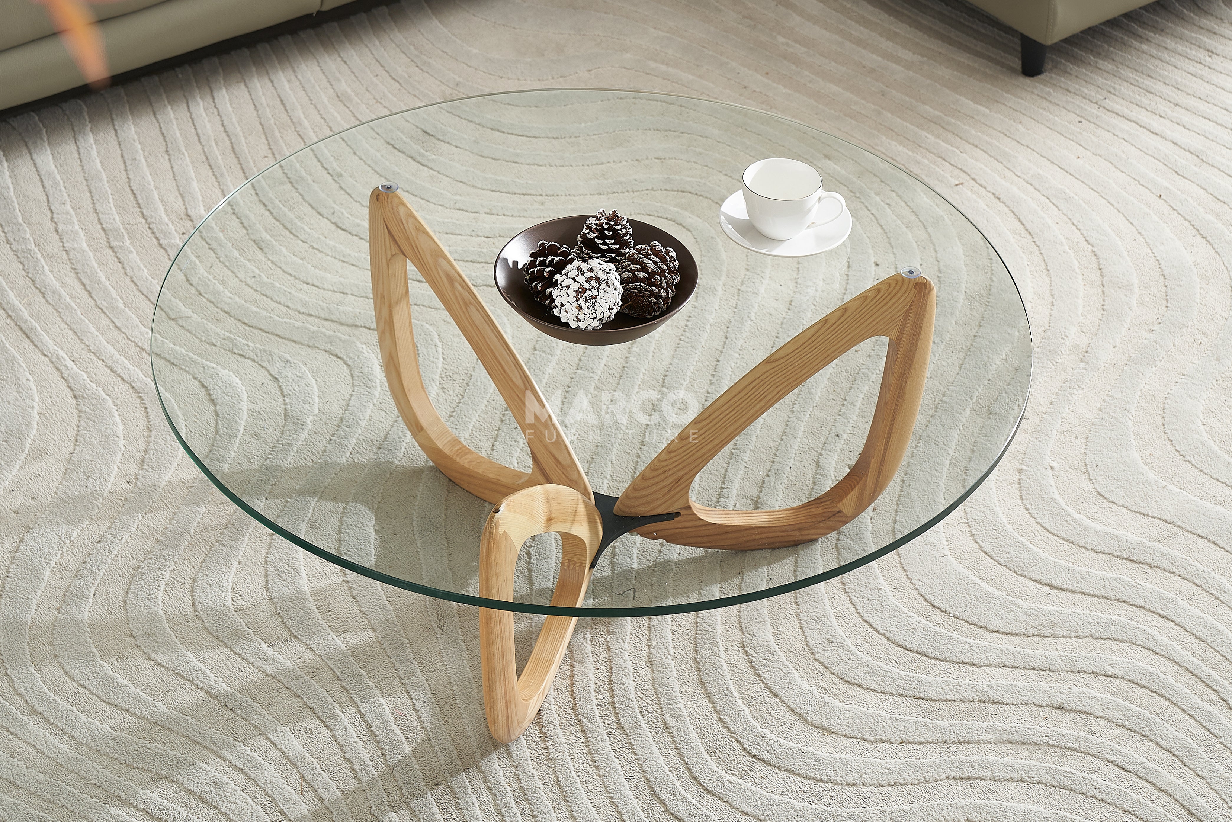 Gucci Round Coffee Table with 12mm Tempered Transparent Glass Top and Solid Ash Wood Base - Image 2