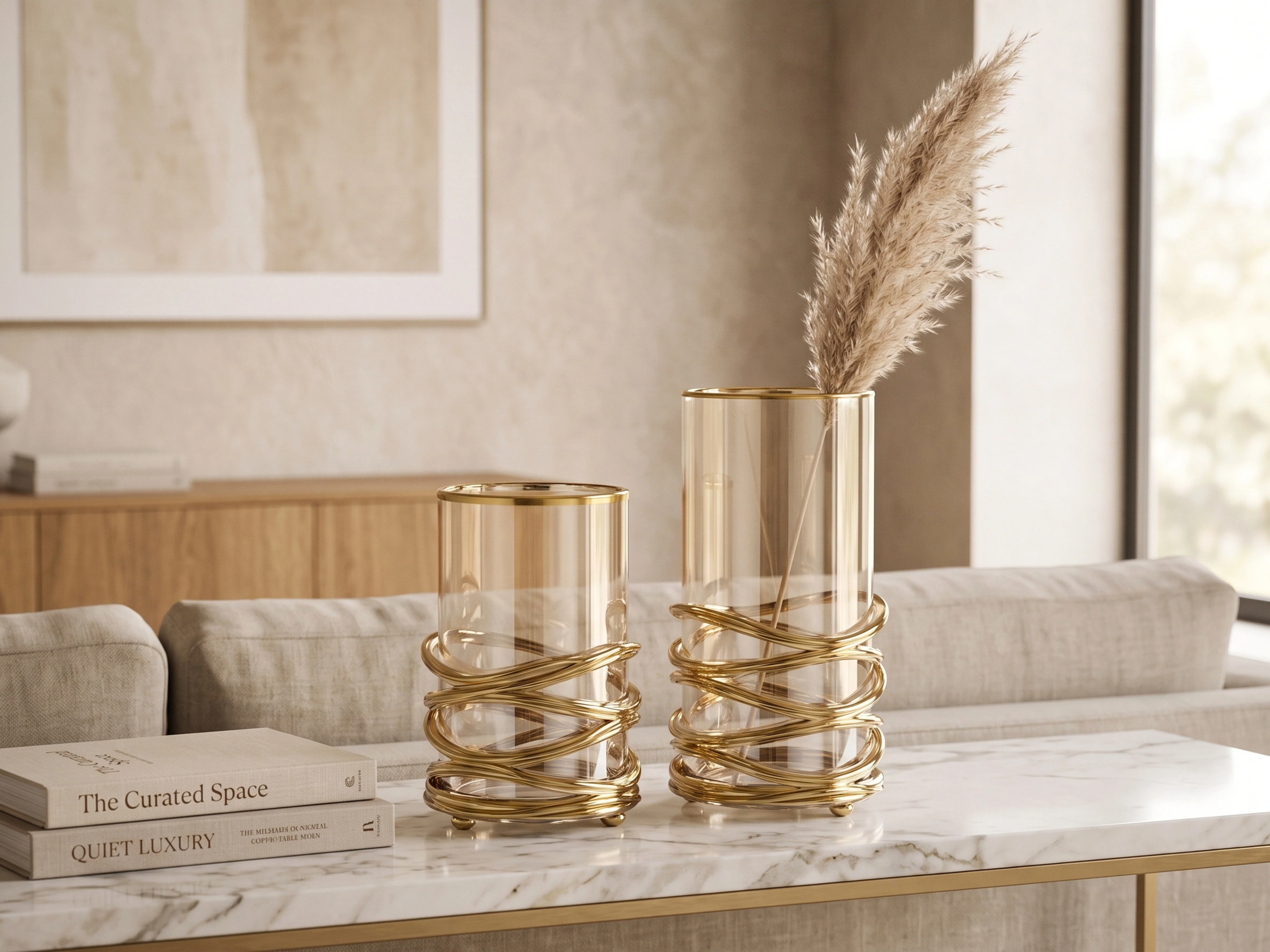 Hurricane Gold Coiled Wrap Decorative Glass Vase (Set of 2)