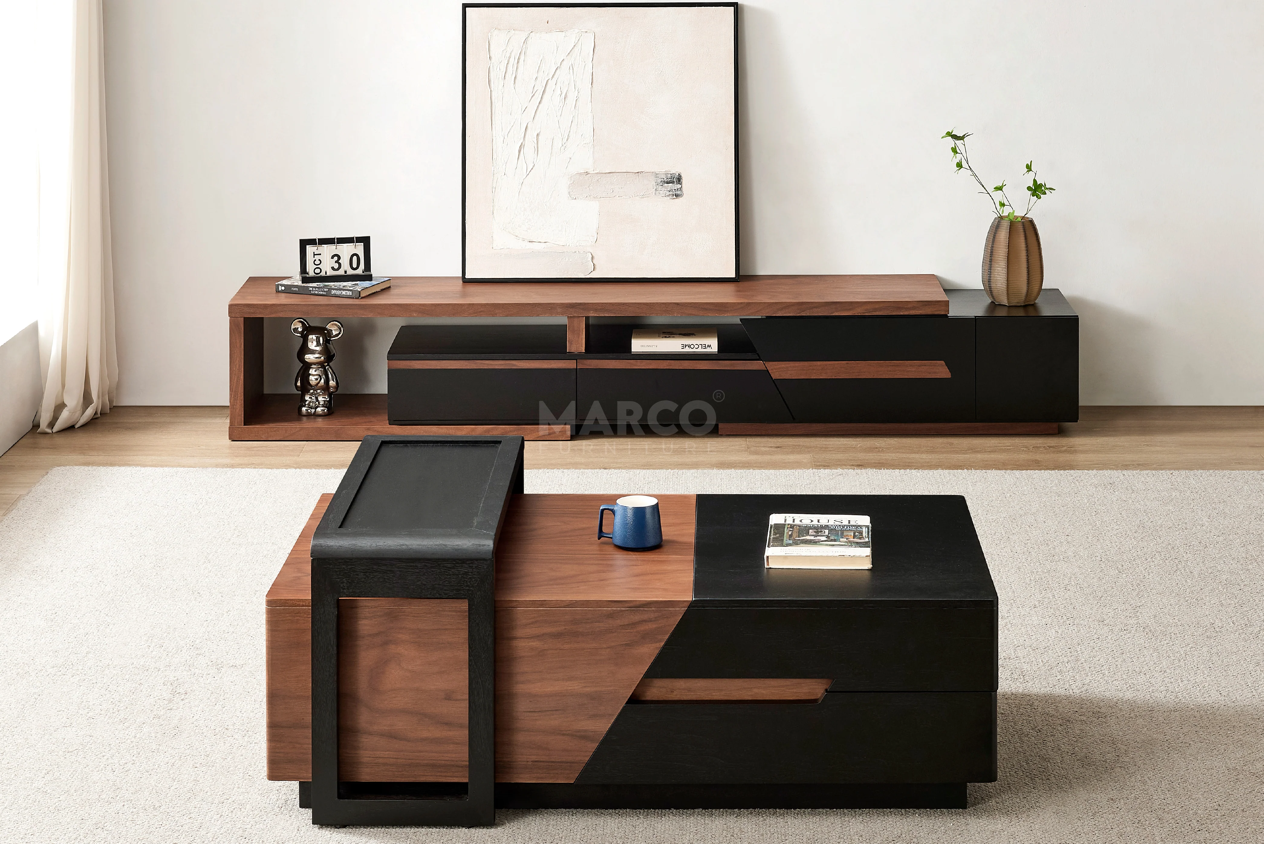 London Modern Coffee Table with Storage (Walnut and Matte Black) - Image 3