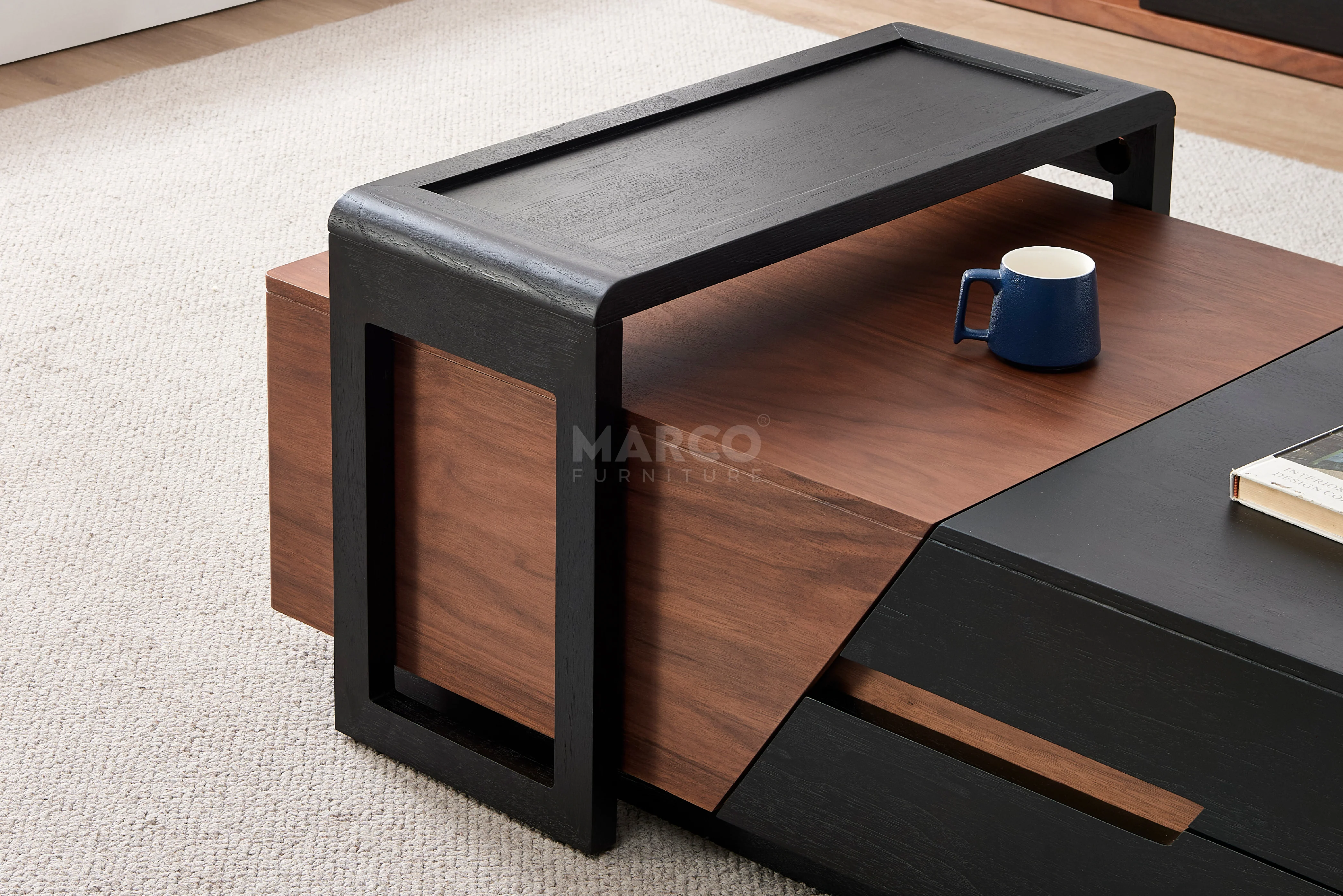London Modern Coffee Table with Storage (Walnut and Matte Black) - Image 4