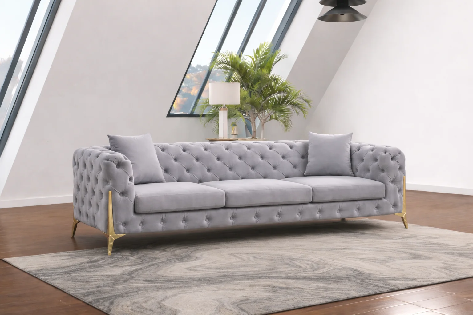 Marcus Velvet Chesterfield Sofa – Grey Tufted Lounge with Silver Legs - Image 3