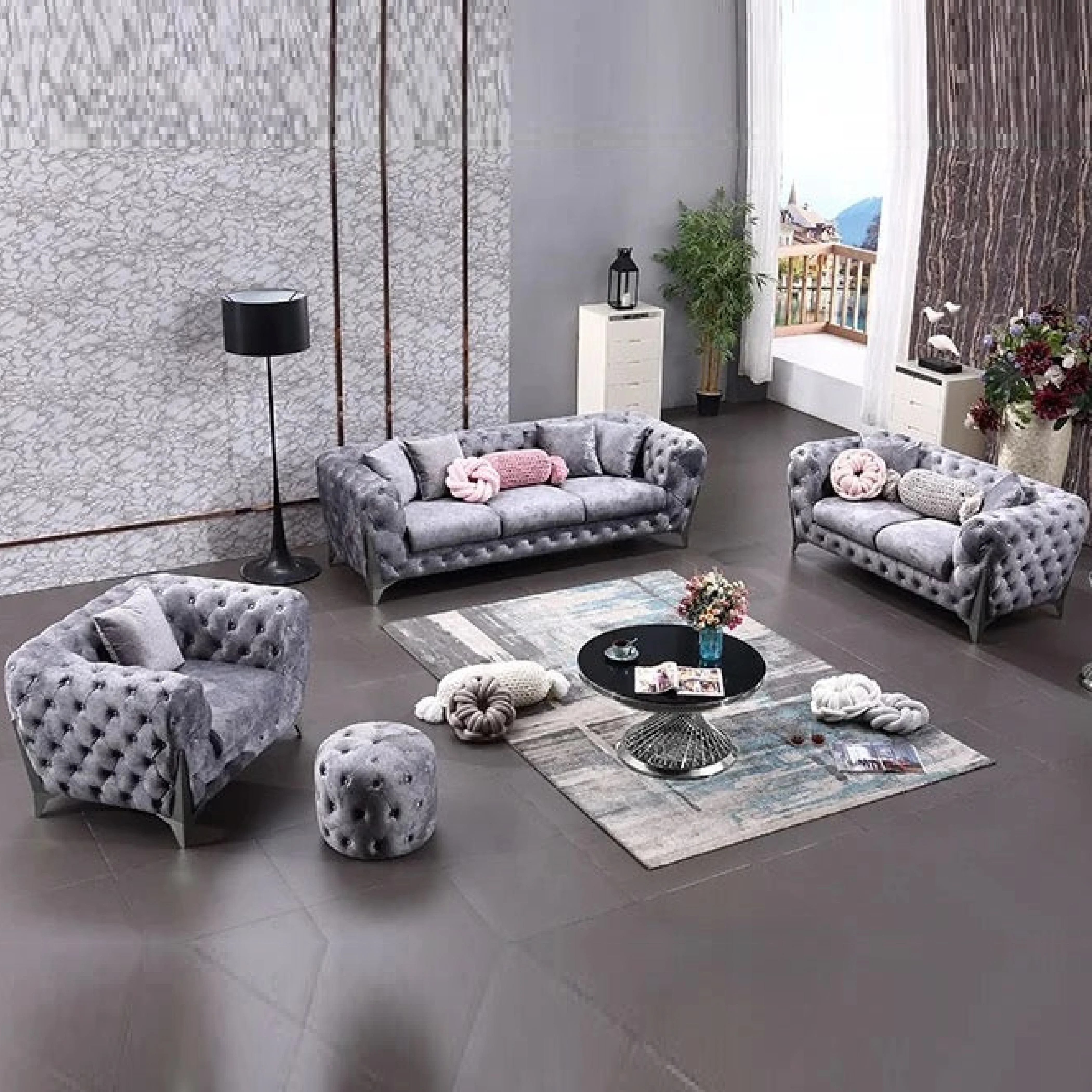 Marcus Velvet Chesterfield Sofa – Grey Tufted Lounge with Silver Legs - Image 5