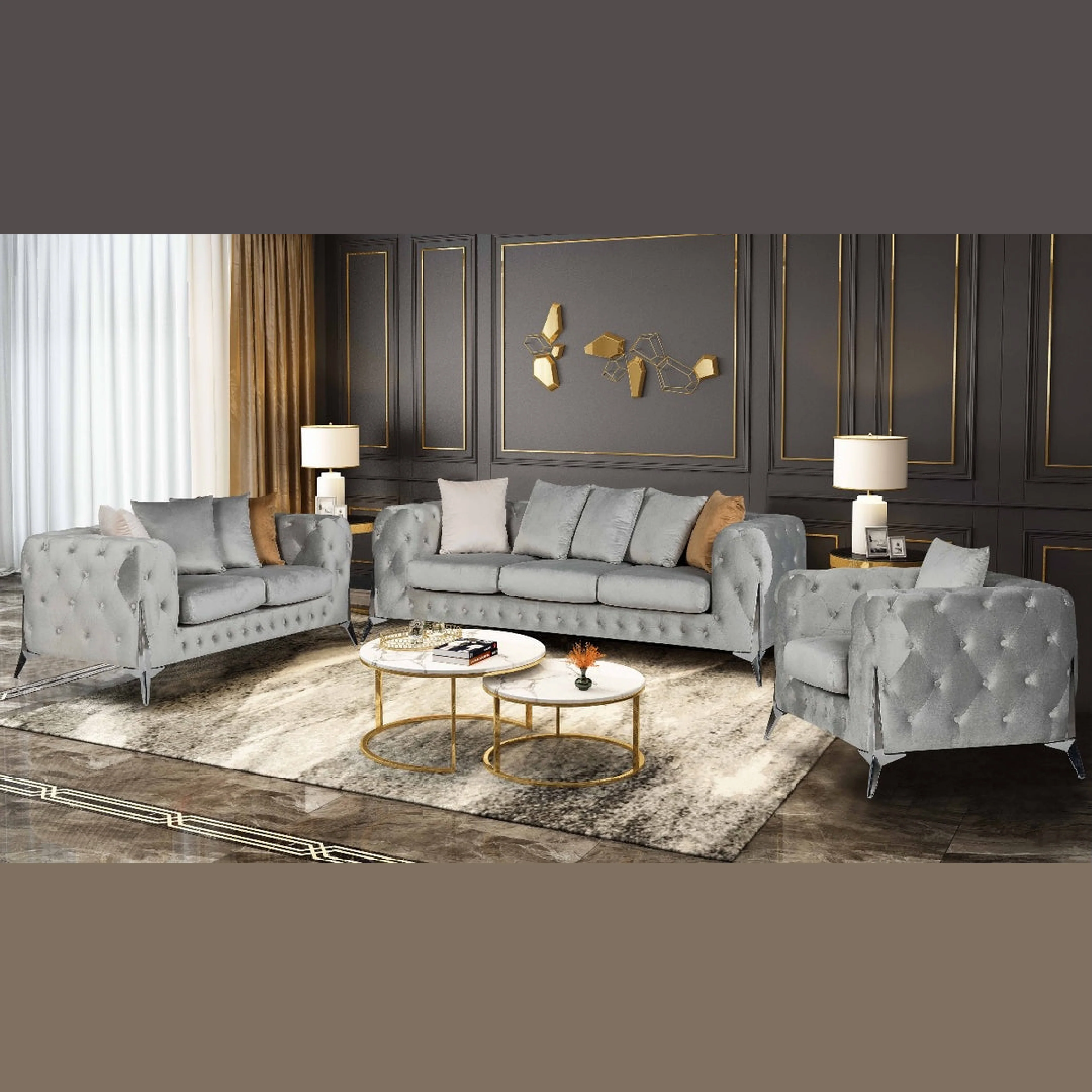 Marcus Velvet Chesterfield Sofa – Grey Tufted Lounge with Silver Legs - Image 7