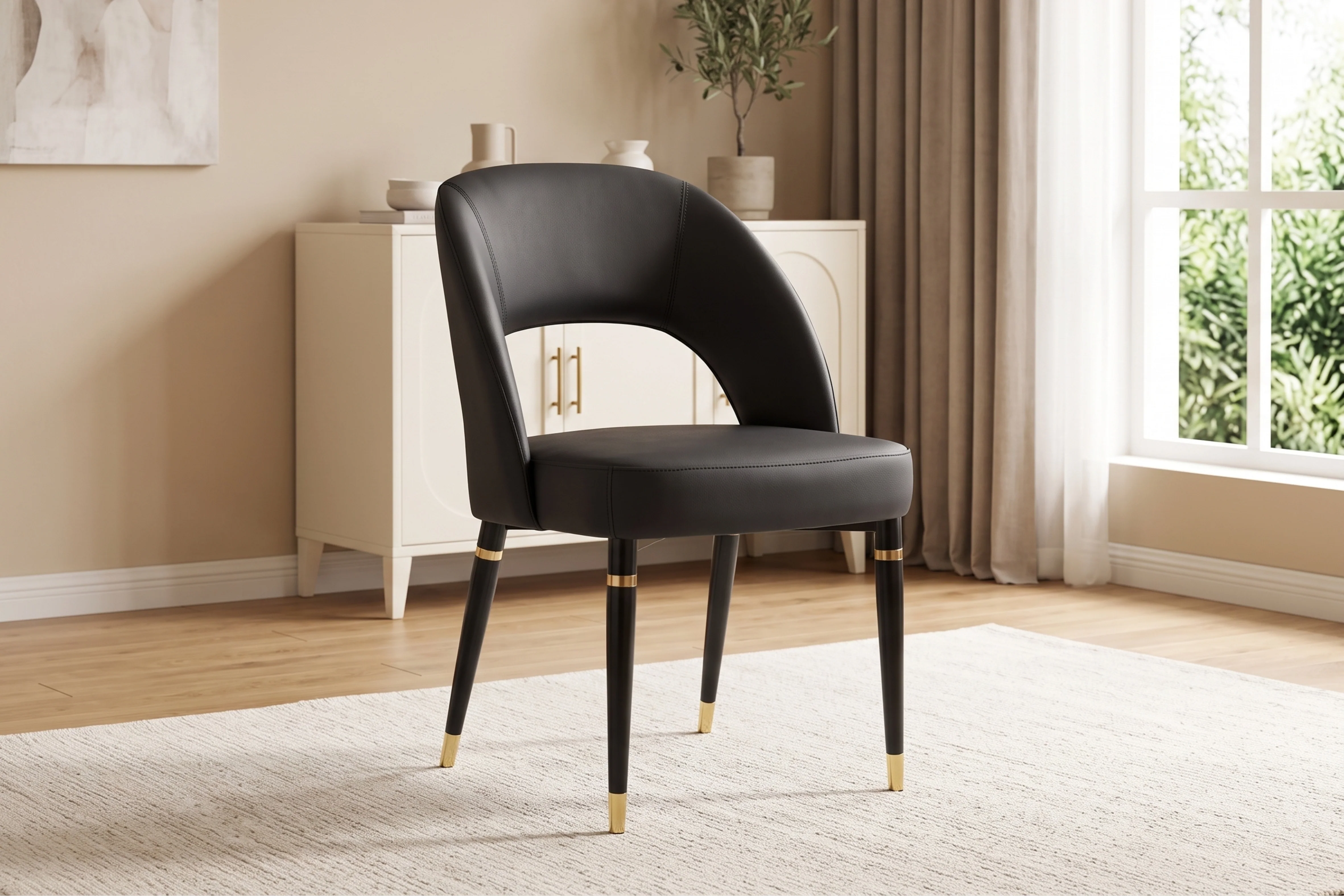Milan Black Leather Dining Chair with Curved Backrest - Image 2