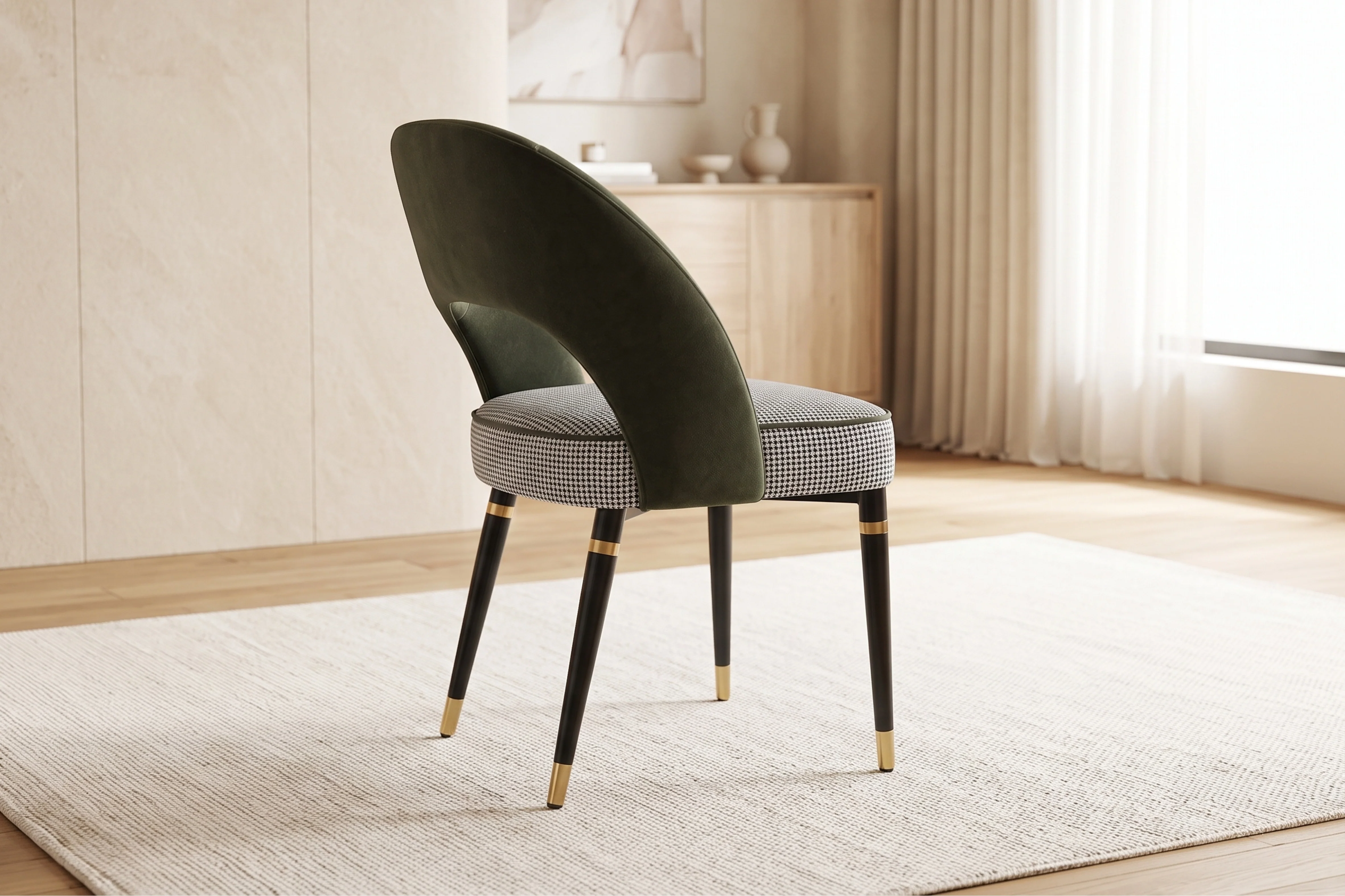 Milan Emerald Green Velvet Dining Chair with Houndstooth Seat - Image 3