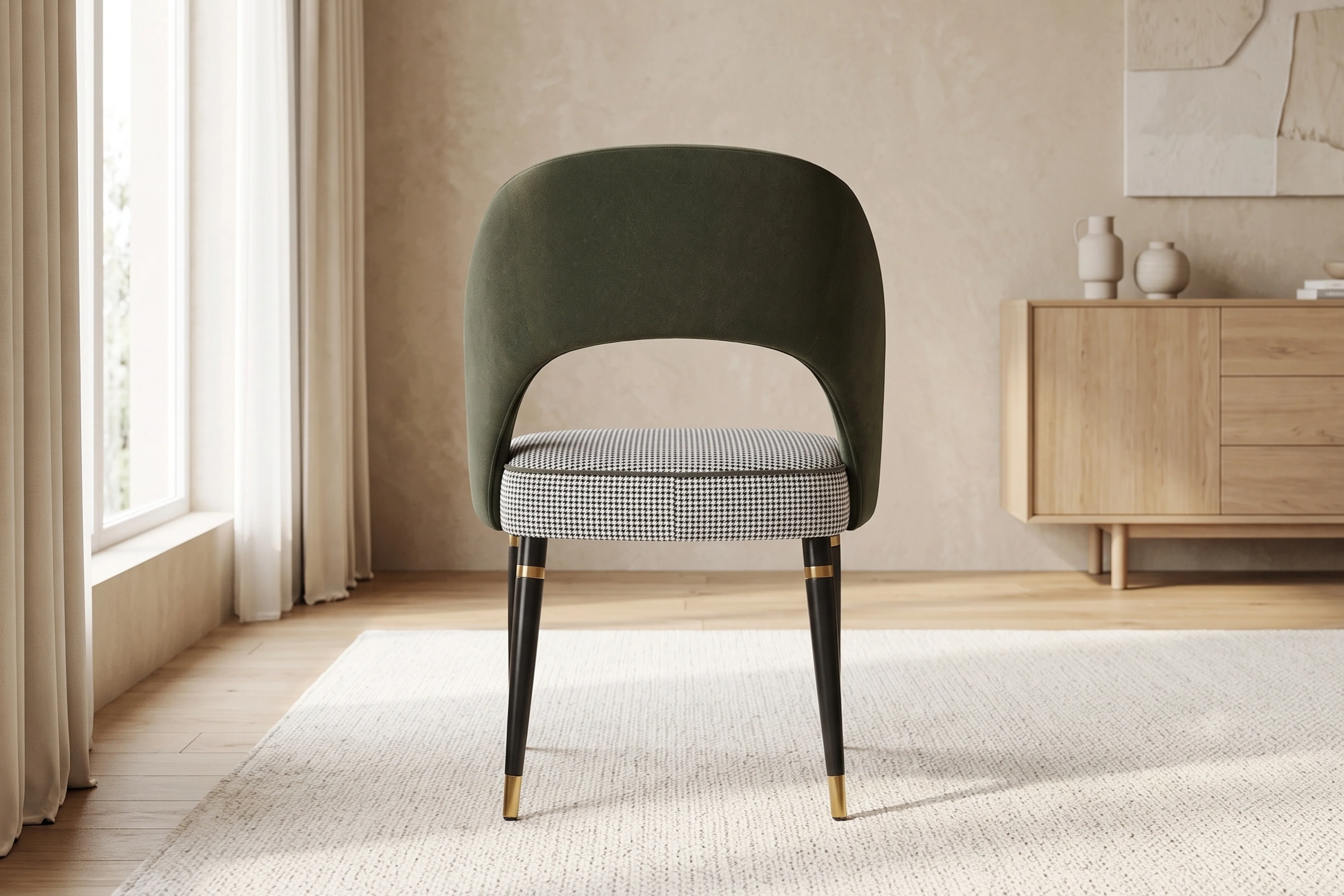 Milan Emerald Green Velvet Dining Chair with Houndstooth Seat - Image 4