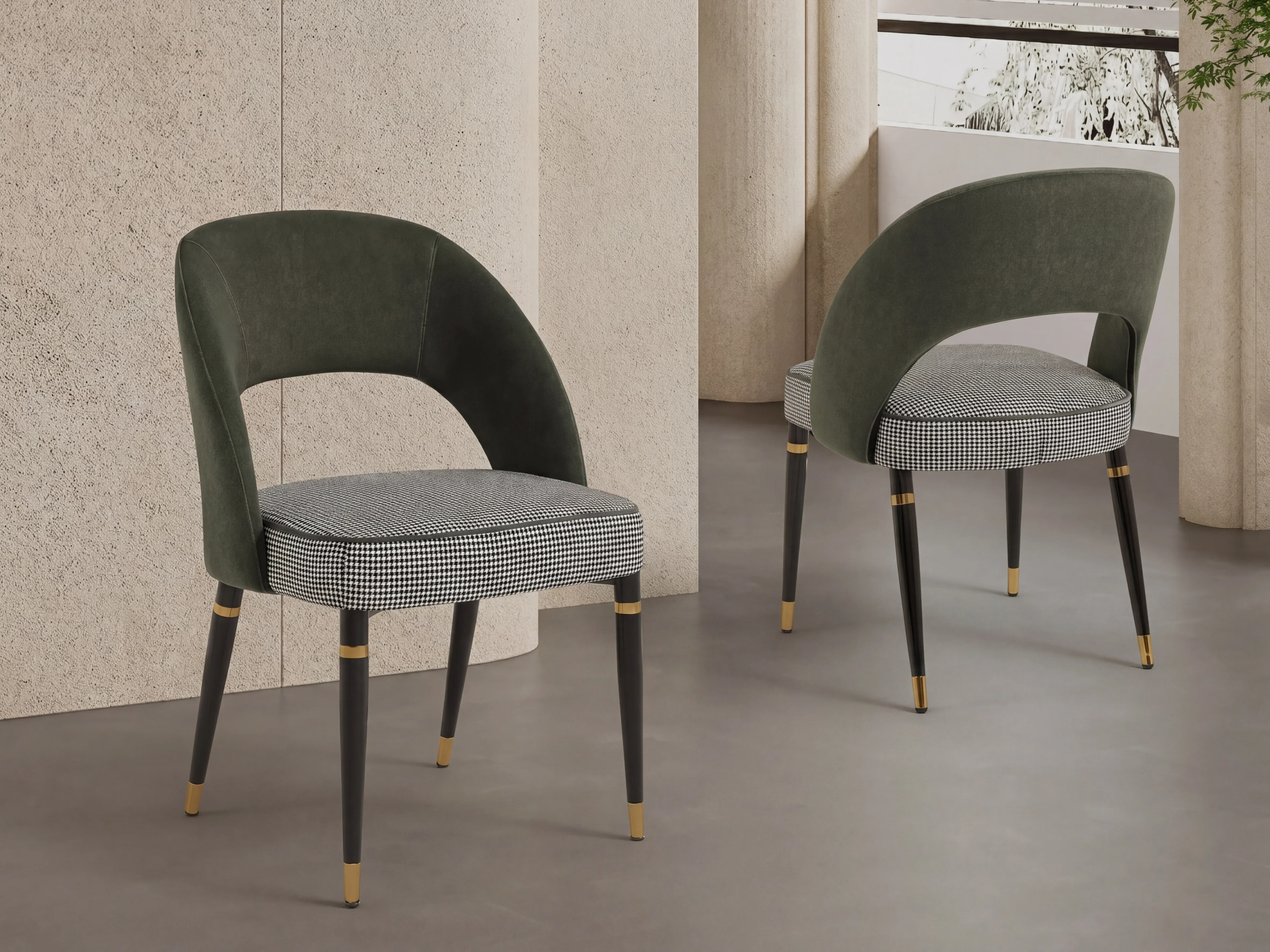 Milan Emerald Green Velvet Dining Chair with Houndstooth Seat - Image 5