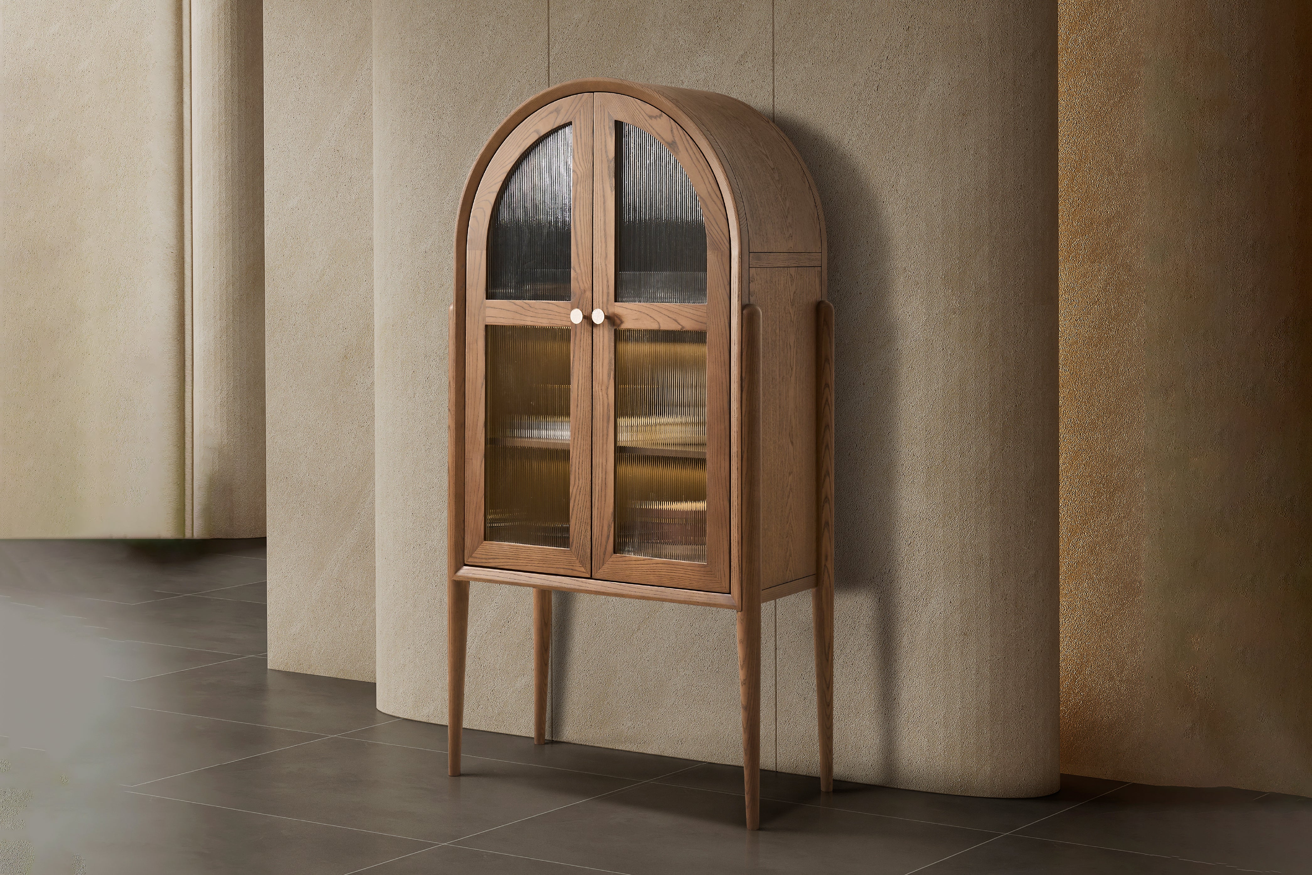 Roma Ash Veneer Wine Cabinet – Arched Bar Cabinet with Wooden Shelves