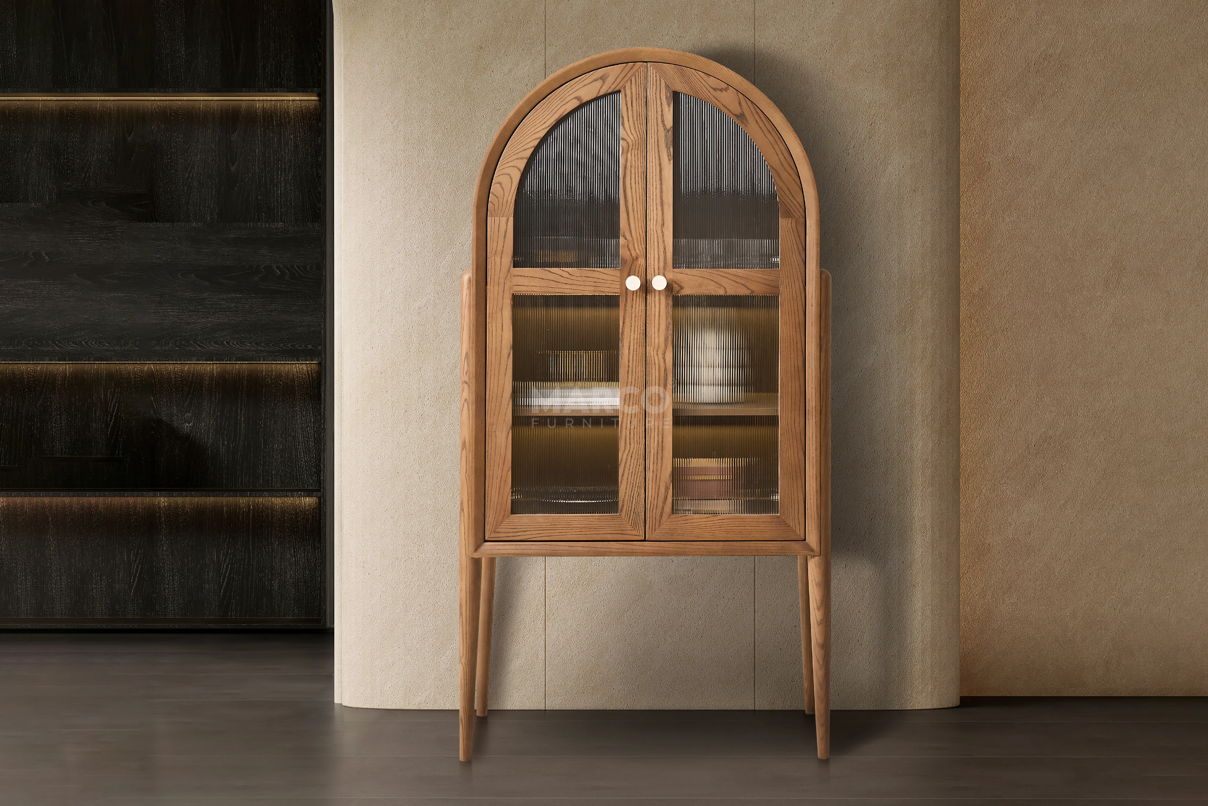 Roma Ash Veneer Wine Cabinet – Arched Bar Cabinet with Wooden Shelves - Image 2