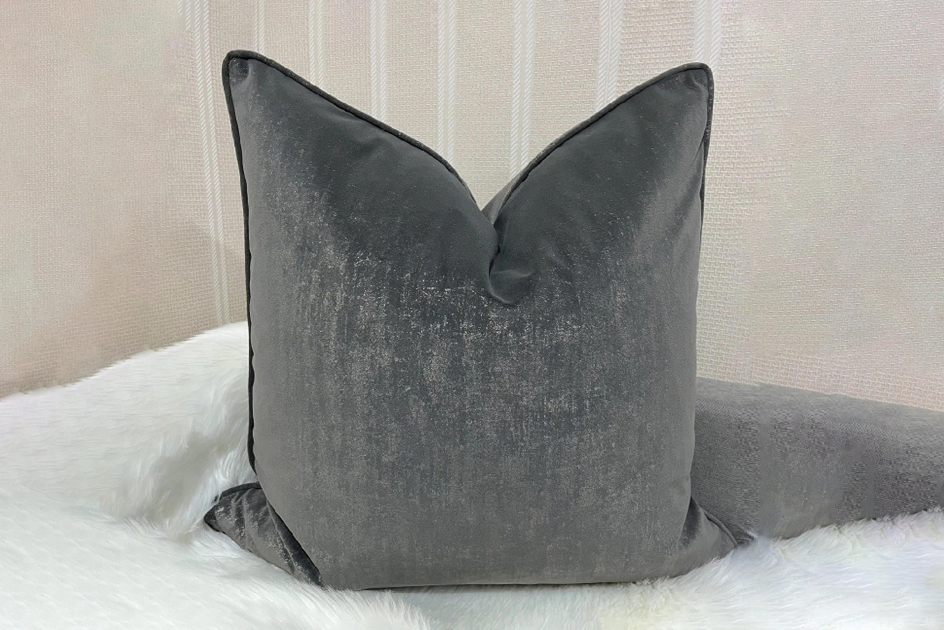 Smoky Grey Velvet Feather-Filled Cushion