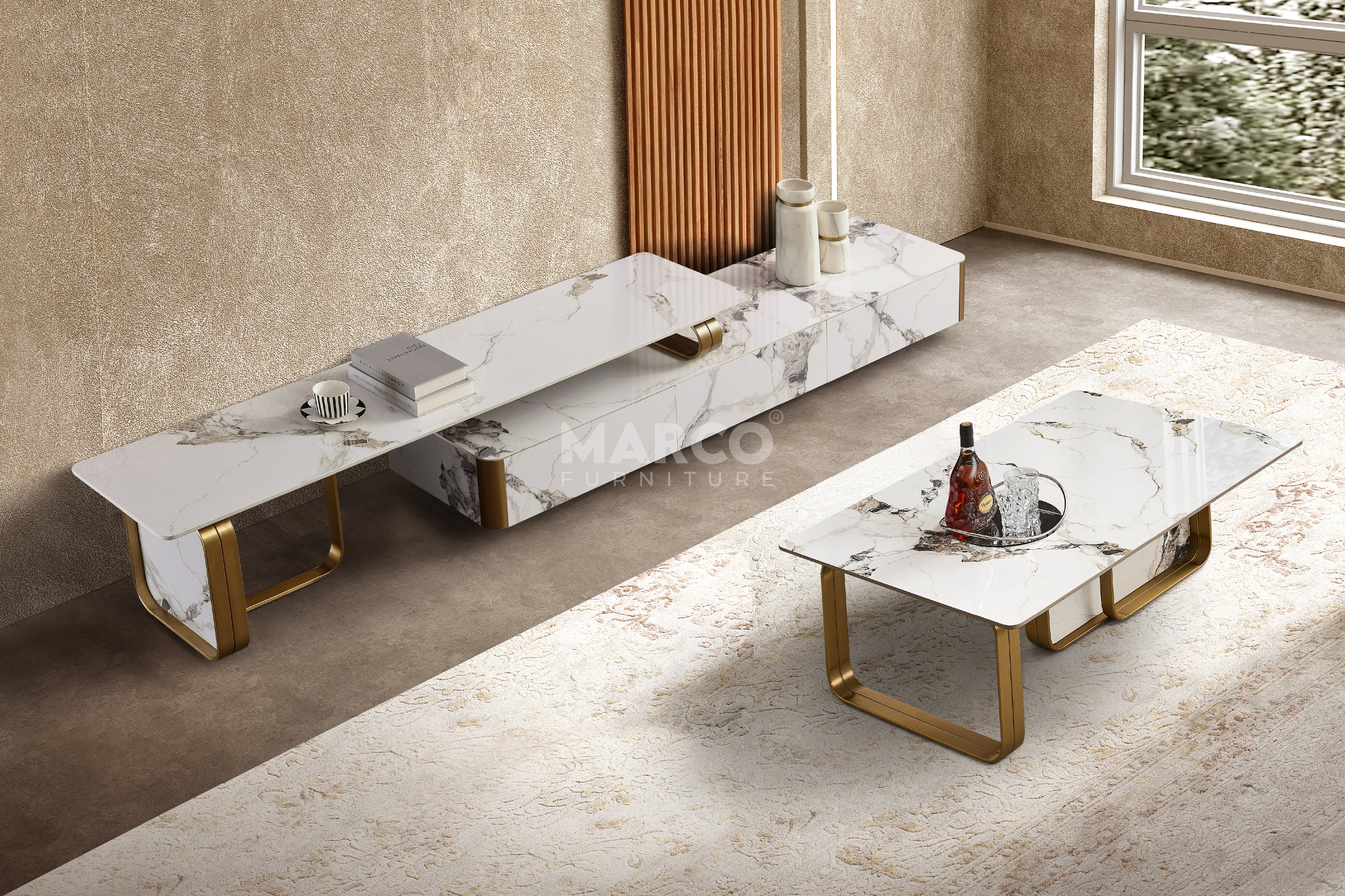 Vittoria Sintered Stone Extendable TV Unit - Gold Stainless Steel Base - Image 4