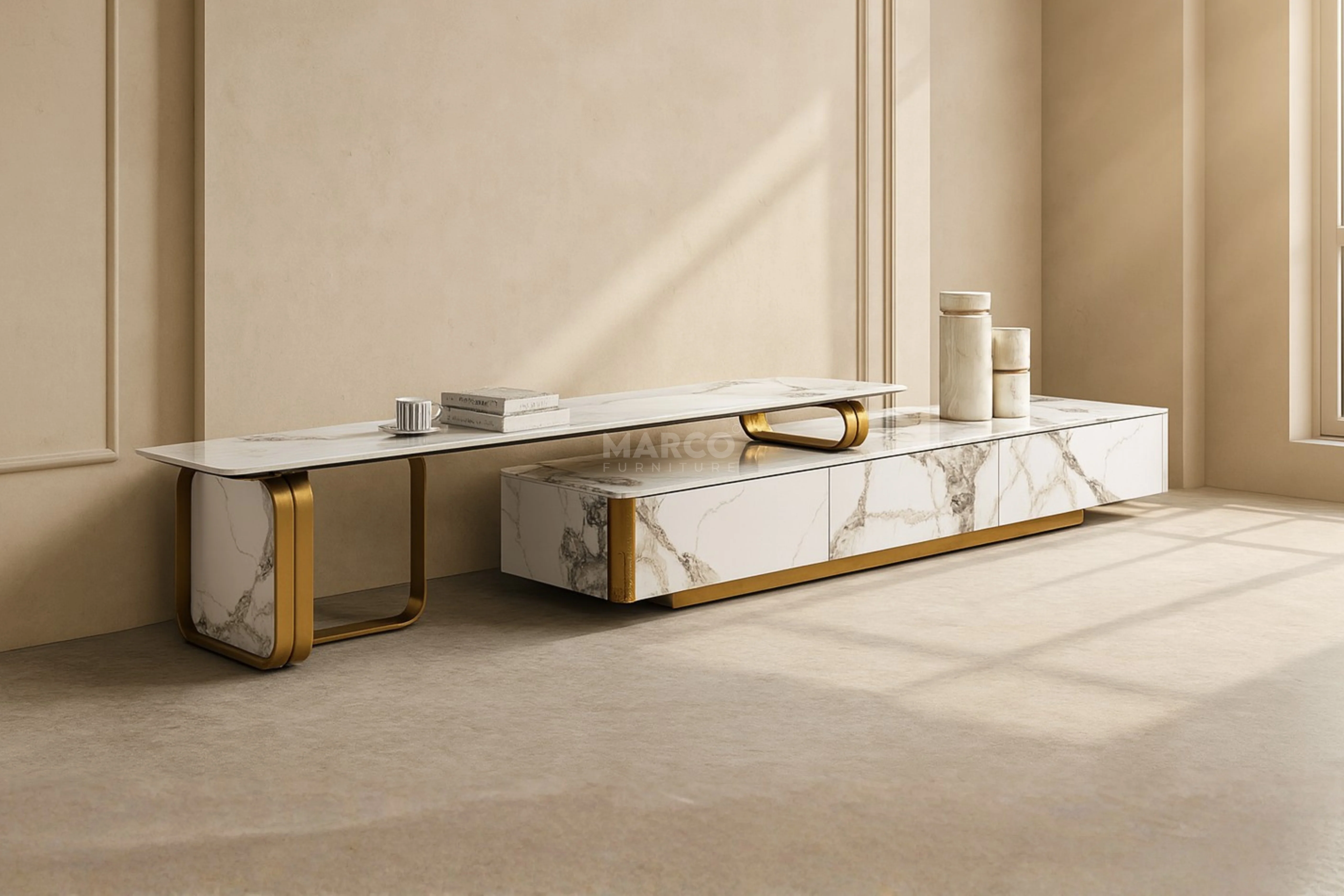 Vittoria Sintered Stone Extendable TV Unit - Gold Stainless Steel Base - Image 5
