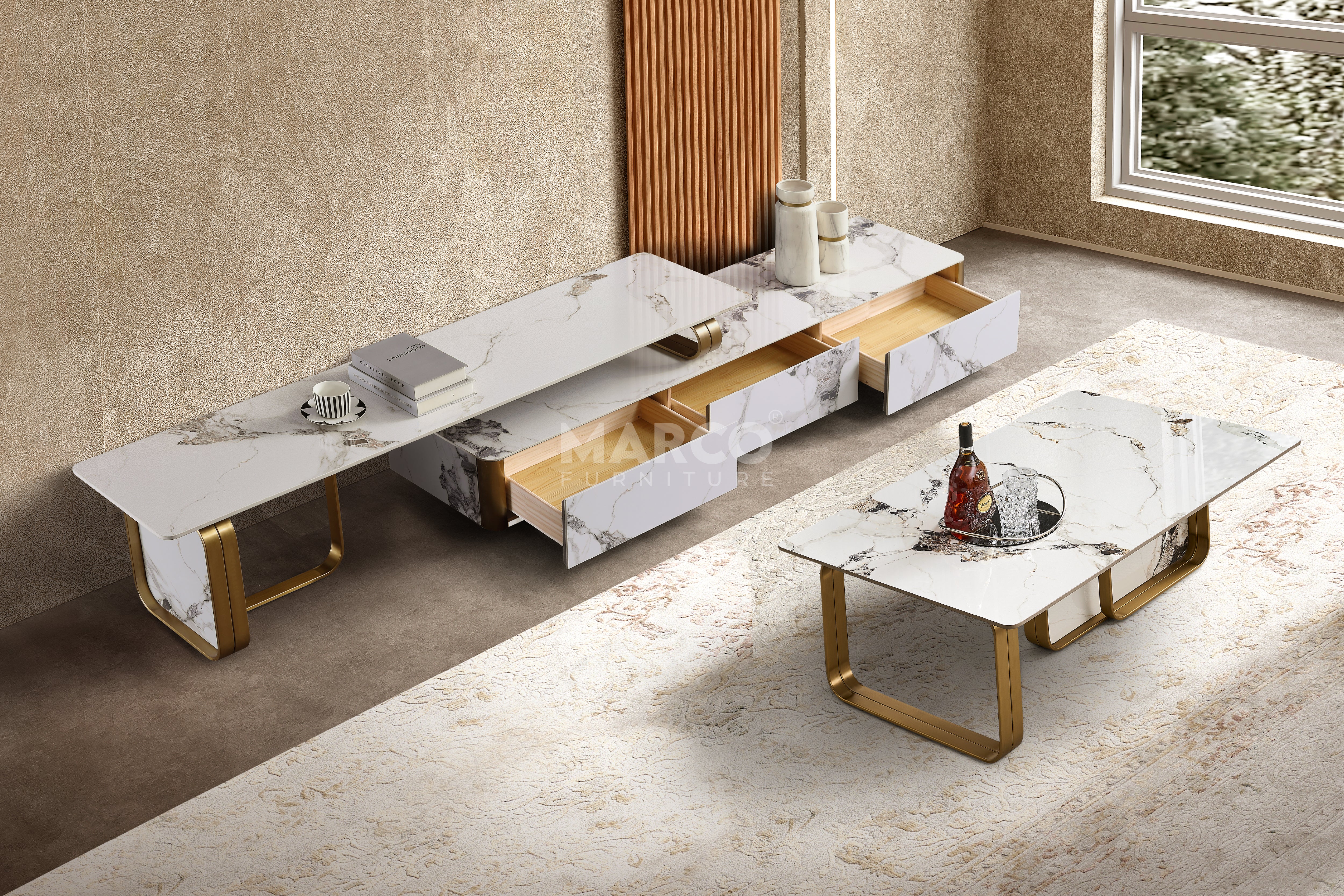 Vittoria Sintered Stone Extendable TV Unit - Gold Stainless Steel Base - Image 6
